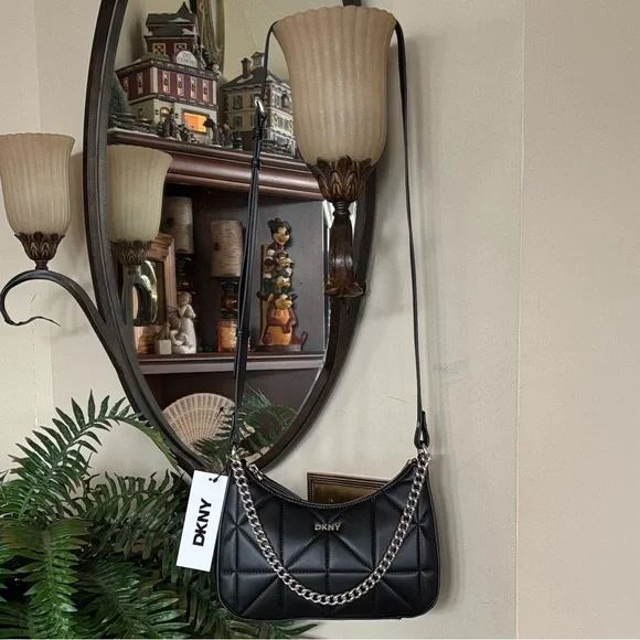 Brand New DKNY Black Lizzy Top Zip Crossbody Bag Chain Quilted Stitch Purse - Picture 2 of 15